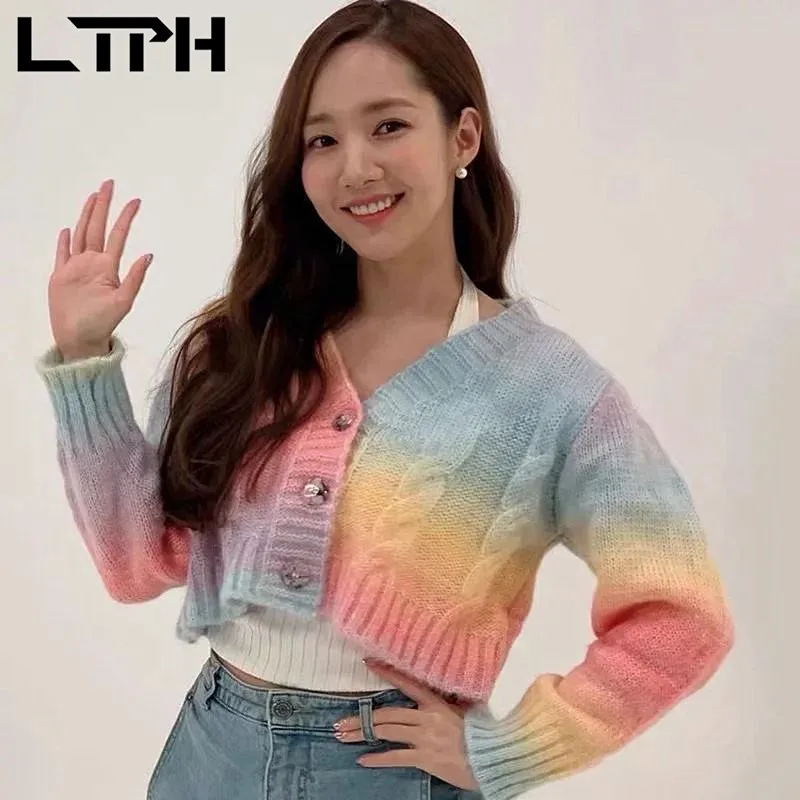 

LTPH streetwear women sweaters outwear ins style short color gradient long sleeve cardigan casual knitted top 2021 autumn new