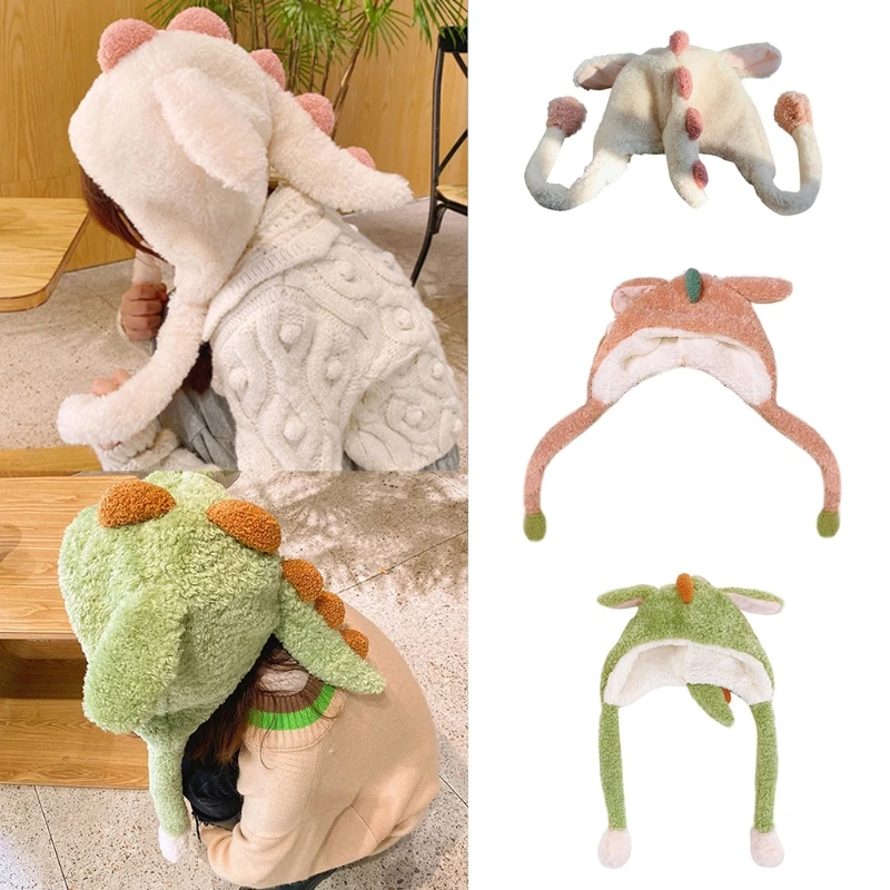 

Women Winter Fluffy Plush Hoodie Scarf Hat with Moving Jumping Ears Funny Cartoon Dinosaur Toy Thicken Warm Earflap Cap