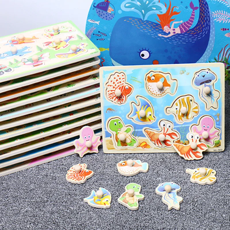 

Baby Toys Montessori Wooden Puzzle Cartoon Vehicle Marine Animal Puzzle Jigsaw Board 12 SetEducationalWoodenToyChildGifts