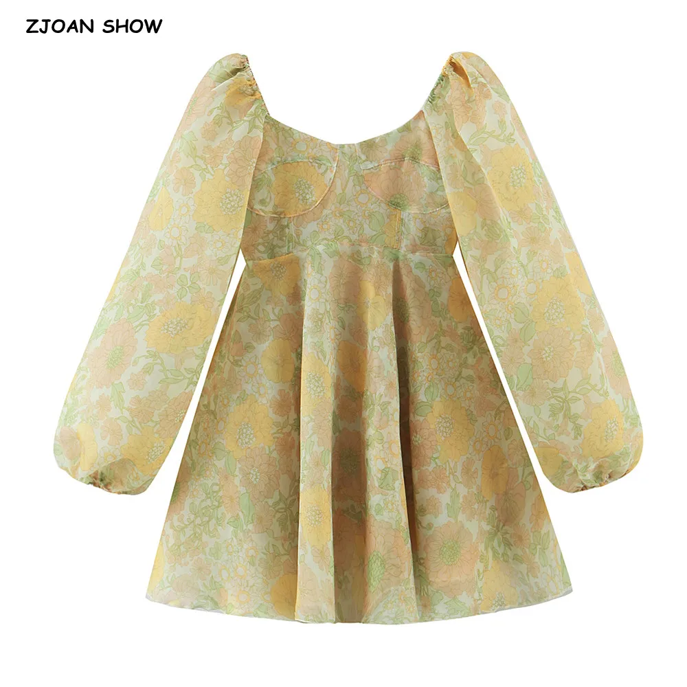 

Женское пышное платье из органзы, желтое бальное платье принцессы с цветочным принтом и длинными рукавами-фонариками, мини-платье в стиле р...