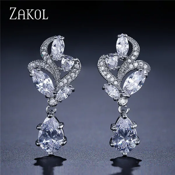 ZAKOL элегантные модные серьги-капли из камня маркиза в форме цветка груши, кубического циркония для свадьбы FSEP263 - Окраска металла: White Color