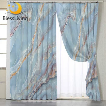 BlessLiving Marble Window Curtains Abstract Blue White Blackout Curtains Natural Stone Pattern Living Room Accessories 107x213cm 1