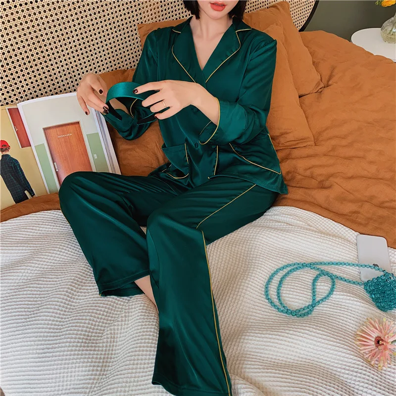 

Autumn Faux Silk Pajama Sets solid Women Satin Sleepwear Double breasted Long Sleeve Pijama 2 Pieces Casual Homewear Pyjamas