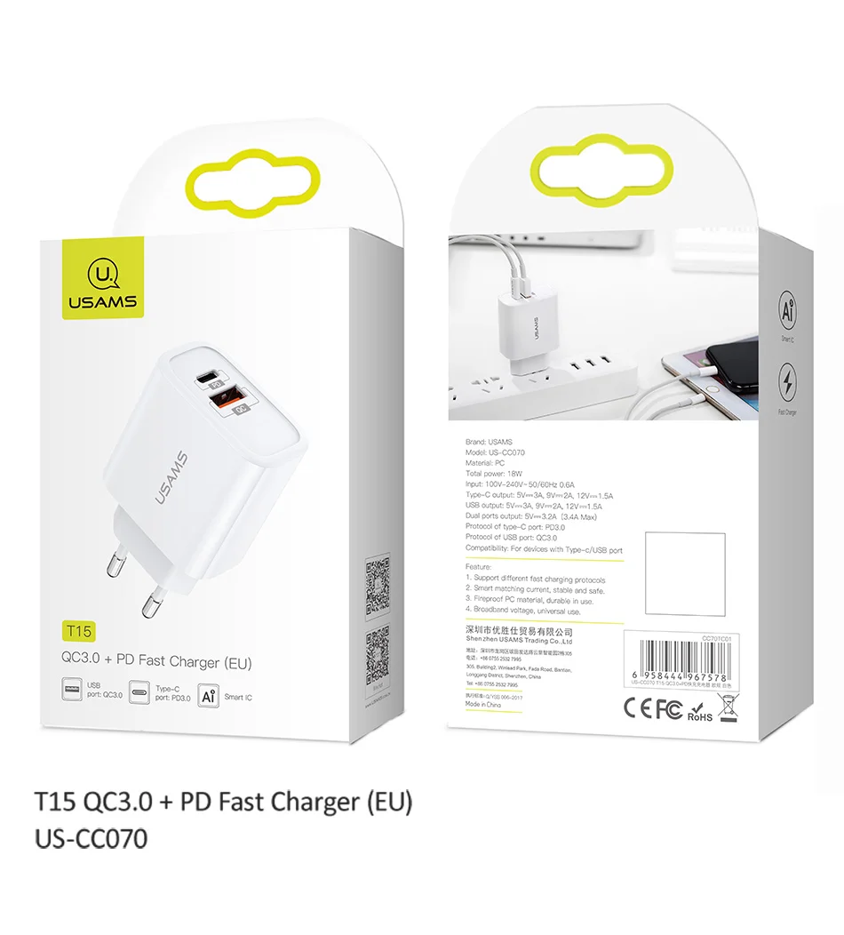 QC3.0 PD3.0 быстрое зарядное устройство USAMS USB зарядное устройство для iPhone X ЕС США штекер мобильного телефона быстрое зарядное устройство для samsung один USB настенный заряд