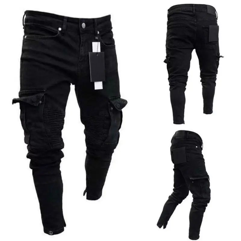 

2021Fashion Black Jean Men Denim Skinny Biker Jeans Destroyed Frayed Slim Fit Pocket Cargo Pencil Pants Plus Size S-3XL Fashion