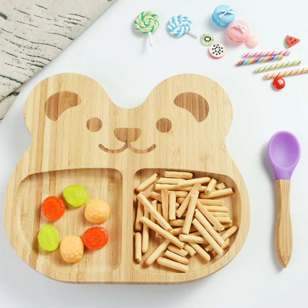 

Детская обеденная тарелка в форме мультяшного медведя, посуда из натурального бамбука, Детская миска для кормления, ложка, Набор детских та...