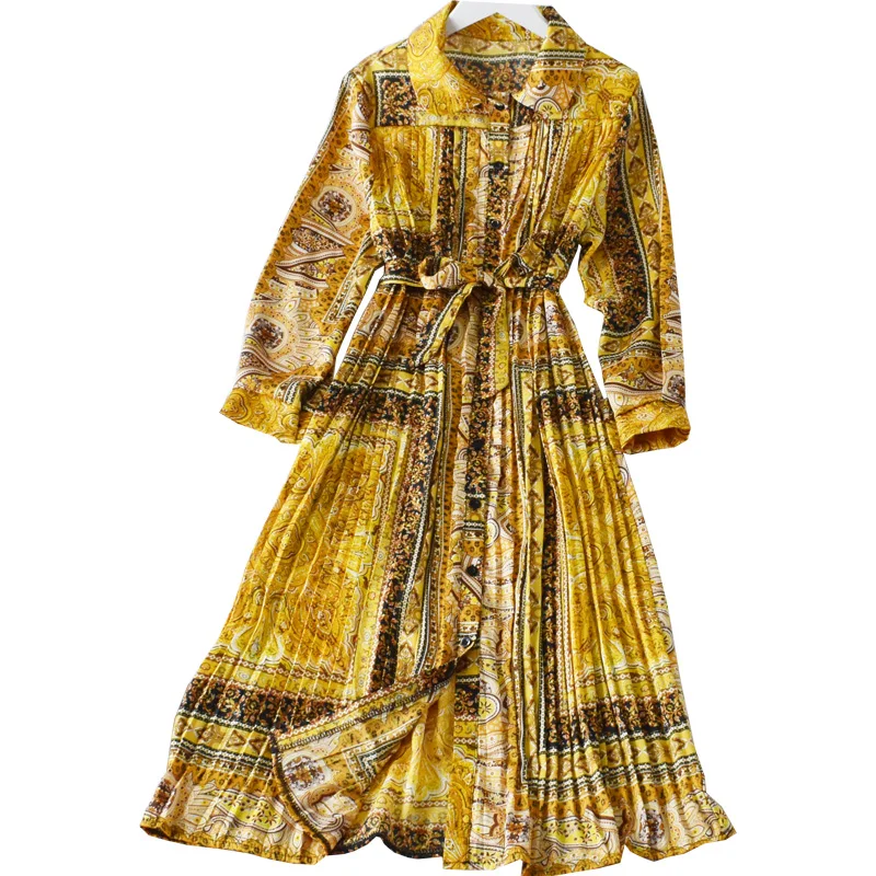 Женское платье с длинным рукавом свободное плиссированное до середины икры