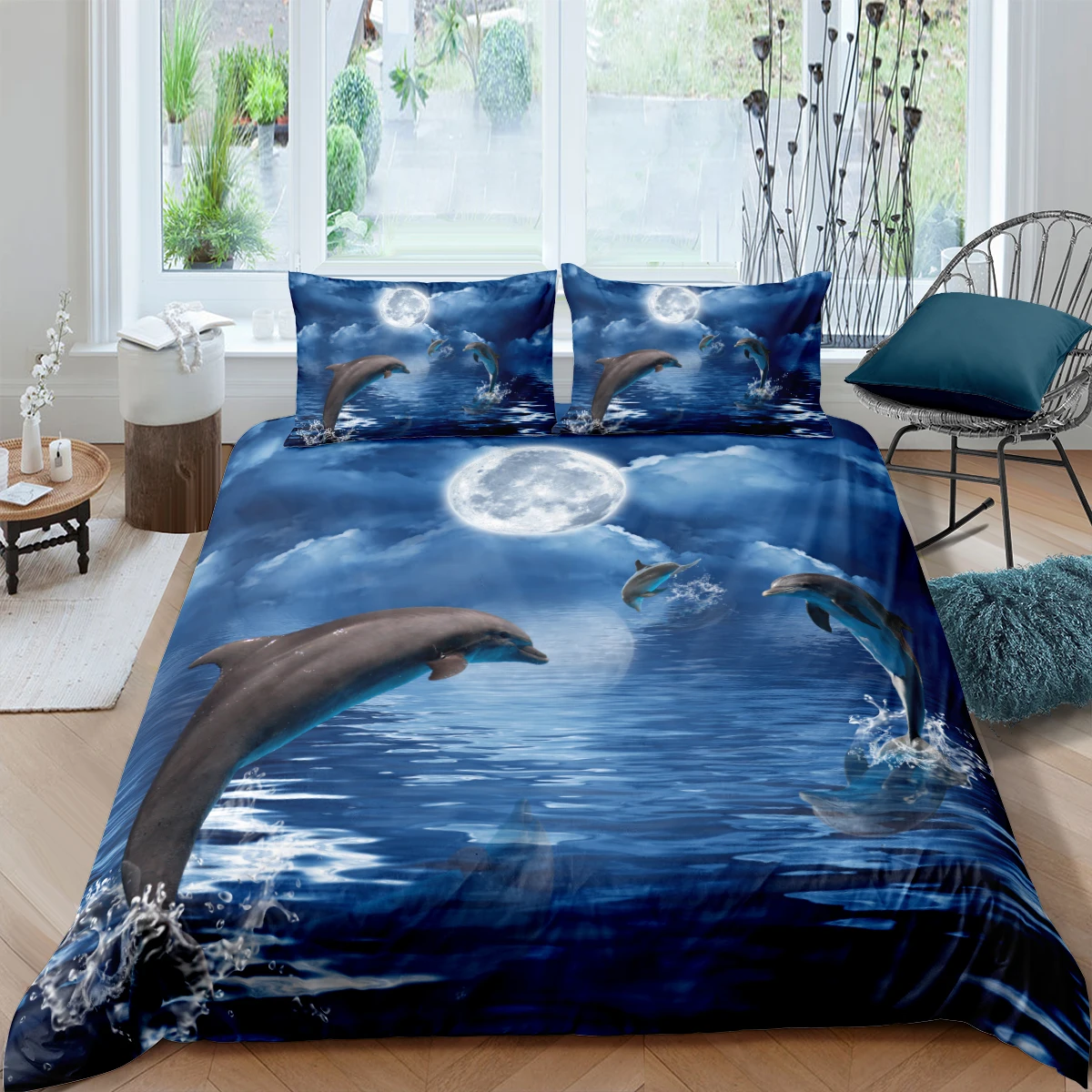 

3D Duvet Cover Sets Quilt Covers Comforter Case Set Bedding Set King Queen Full Double Single Size Bed Linens Blue Sea Dolphin