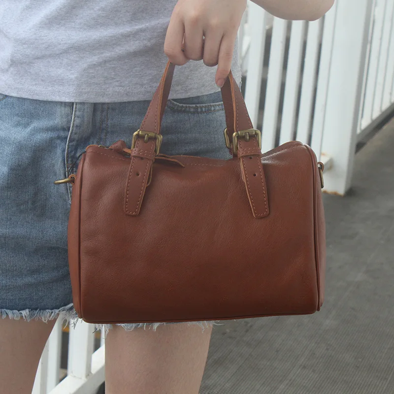 

New Retro Boston Bag Top Layer Cowhide Shoulder Bag Messenger Bag Female Handbag Literary Fan Commuter Female Bag