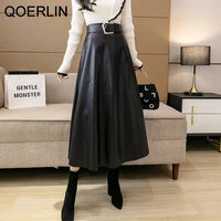 qoerlin pocket mid length skirt with sashes pu leather skirts a line women fashion elastic high waist skirt streetwear