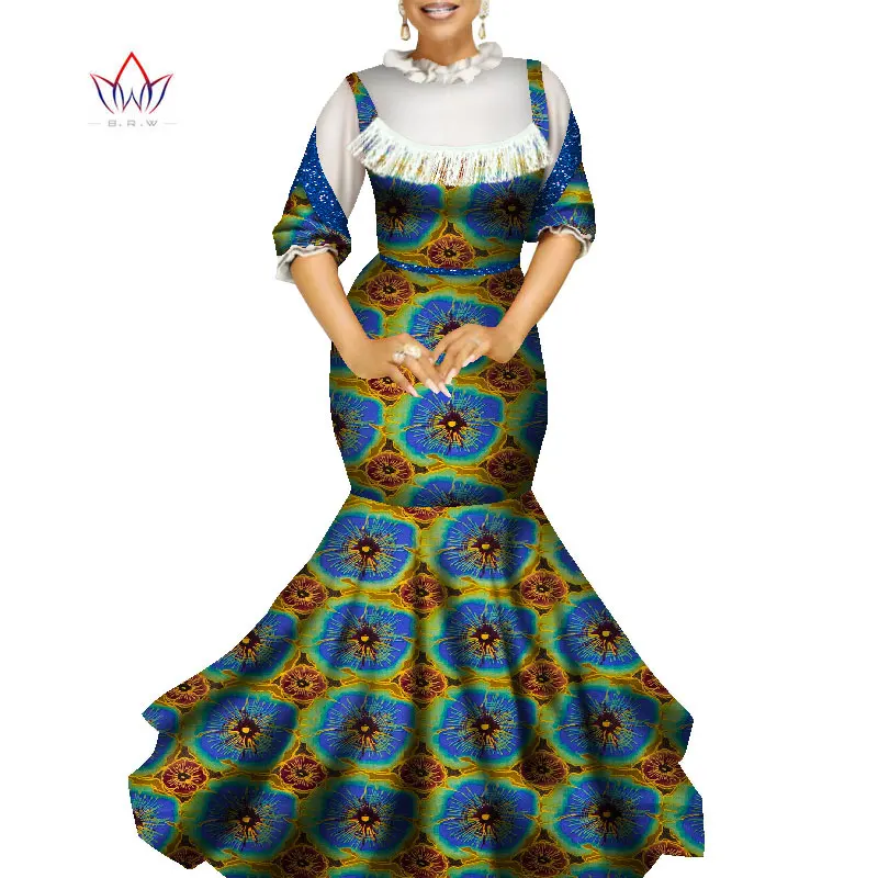 2021 New African Ankara Dresses For Women Bazin Riche Lantern Sleeve Gowns Dashiki Vestdio Vintage Lolita Party Outfits WY9047