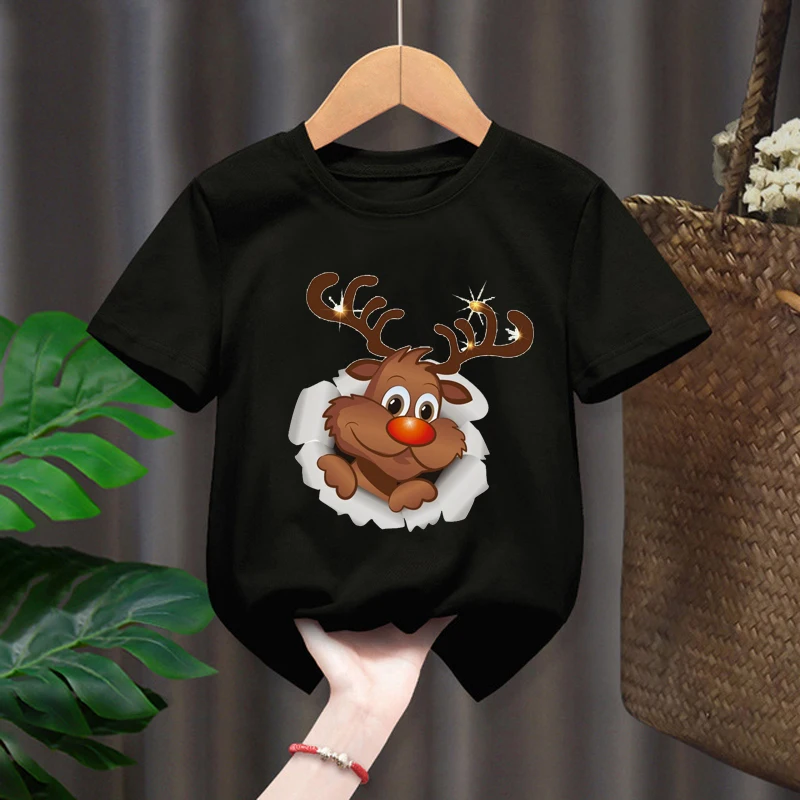 Merry Christmas New Fashion Funny Santa Gift Graphic Kids Black Tshirts Boys Short Sleeve Children T-shirt Girls Casual Tops Tee