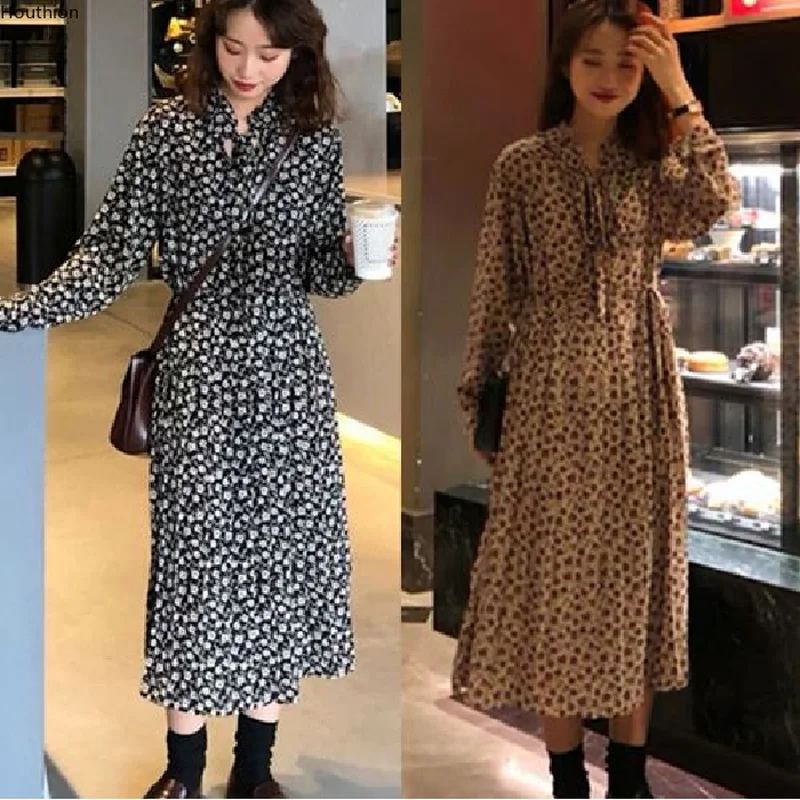 

Houthion New Women Dresses Comfortable Casual Dress Long Sleeve Top Summer Korean V-neck Bow Floral Chiffon Fashion