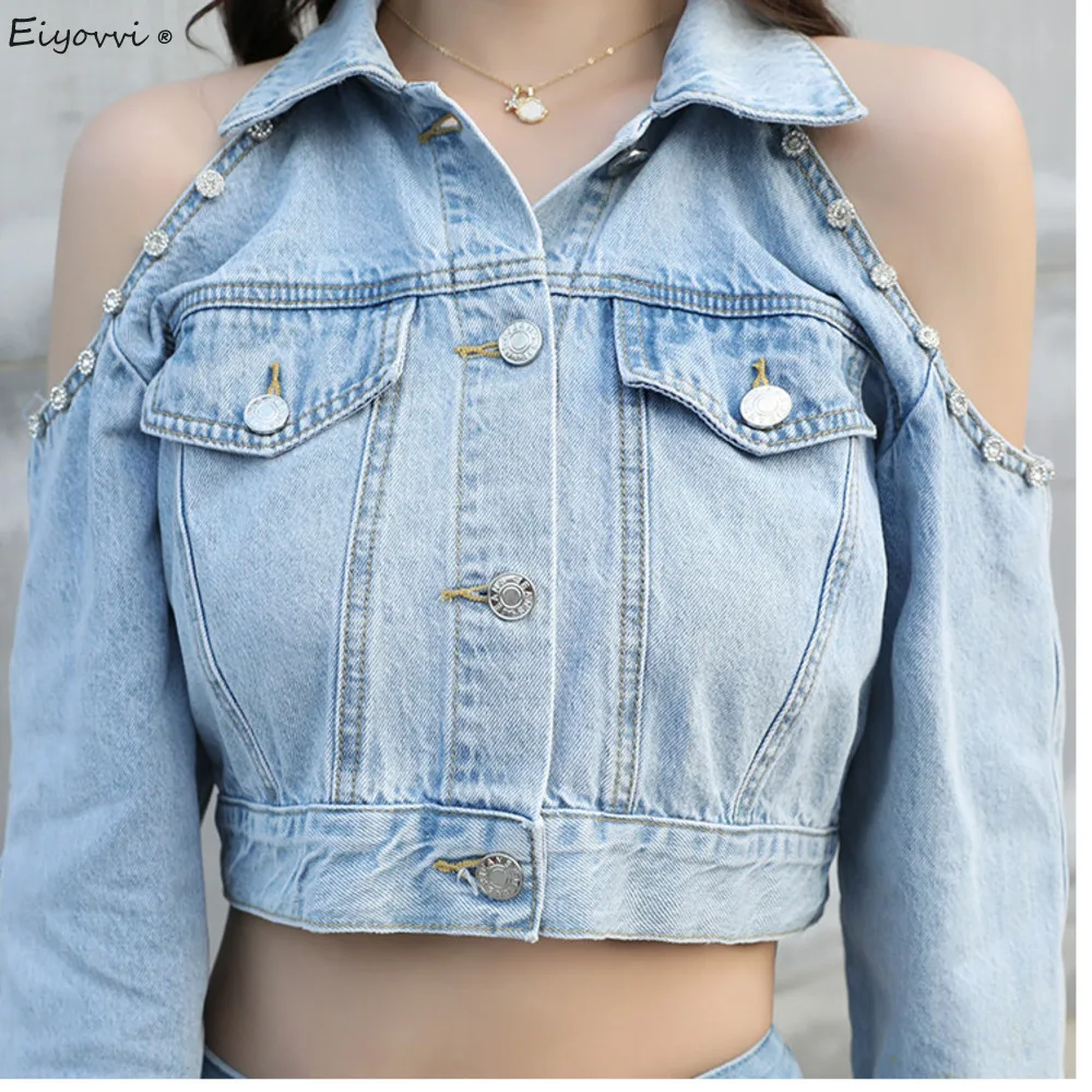 

Женская джинсовая куртка без бретелек, с длинным рукавом