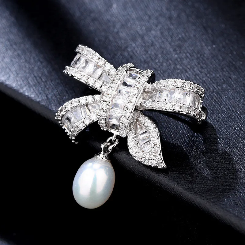 FXLRY New elegant bow freshwater pearl brooch micro-inlaid zircon pin fashion women coat | Украшения и аксессуары