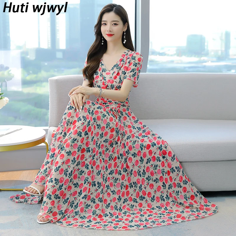 

Floral Chiffon Chic Sexy Sundress 2022 Vintage Casual Boho Beach Long Dress Summer Elegant Women Bodycon Party Prom Maxi Vestido