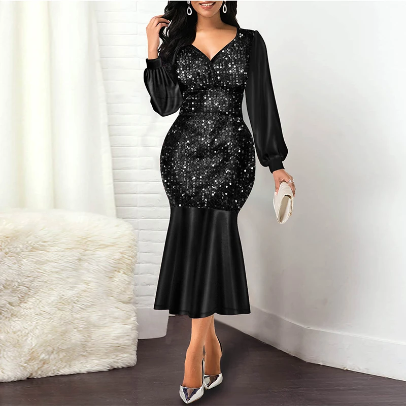 

Women Sexy Sequin V Neck Slim Bodycon Long Dress Fashion Patchwork Ladies Party Dress Spring Autumn Elegant Long Sleeve Dresses