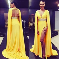yellow v neck sexy open back evening dresses high split formal celebrity red carpet dress with cape long prom gowns