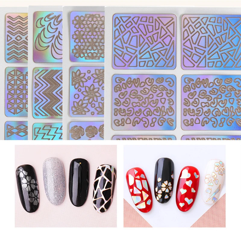 6/12/24 Sheets/lot DIY 3D Hollow Laser Sticker ForNail Art Stencil Gel Polish Nail Vinyl Tip Transfer Guide Template Nail Decals