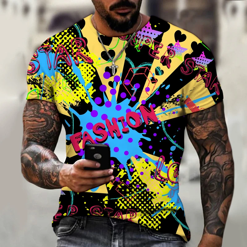 

2021 Graffiti Letters Street Fashion Casual T-shirt 3d Cartoon Summer Men's T-shirt Short-sleeved Round Neck Top Size Xxs 6xl