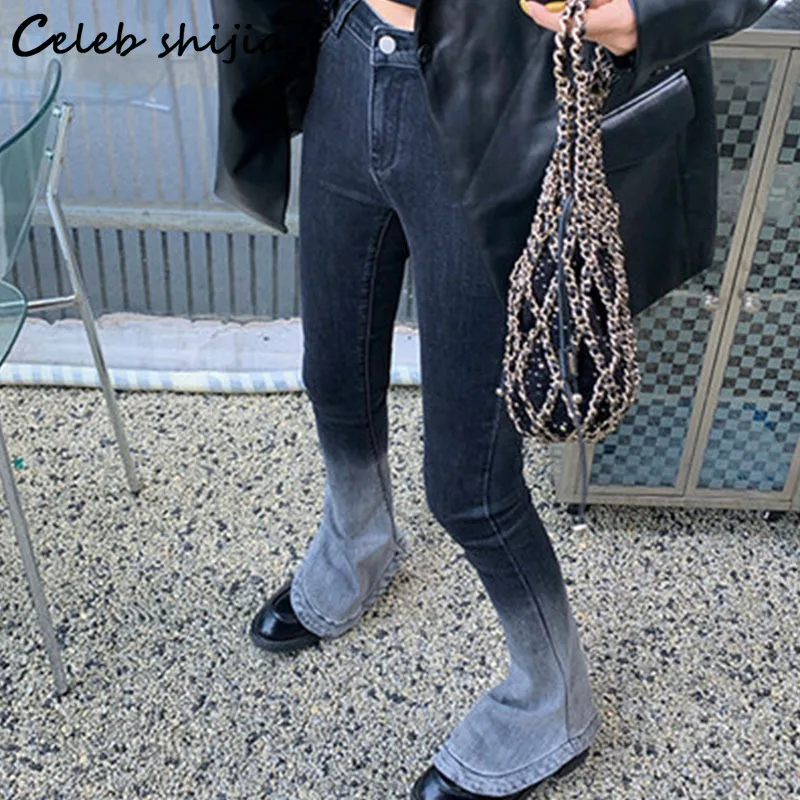 

SHIJIA Wide Leg Jeans Woman High Waist Streetwear Stretch Denim Pants Women Korean Fashion Bottom Gradient Black Y2k Jean Spring
