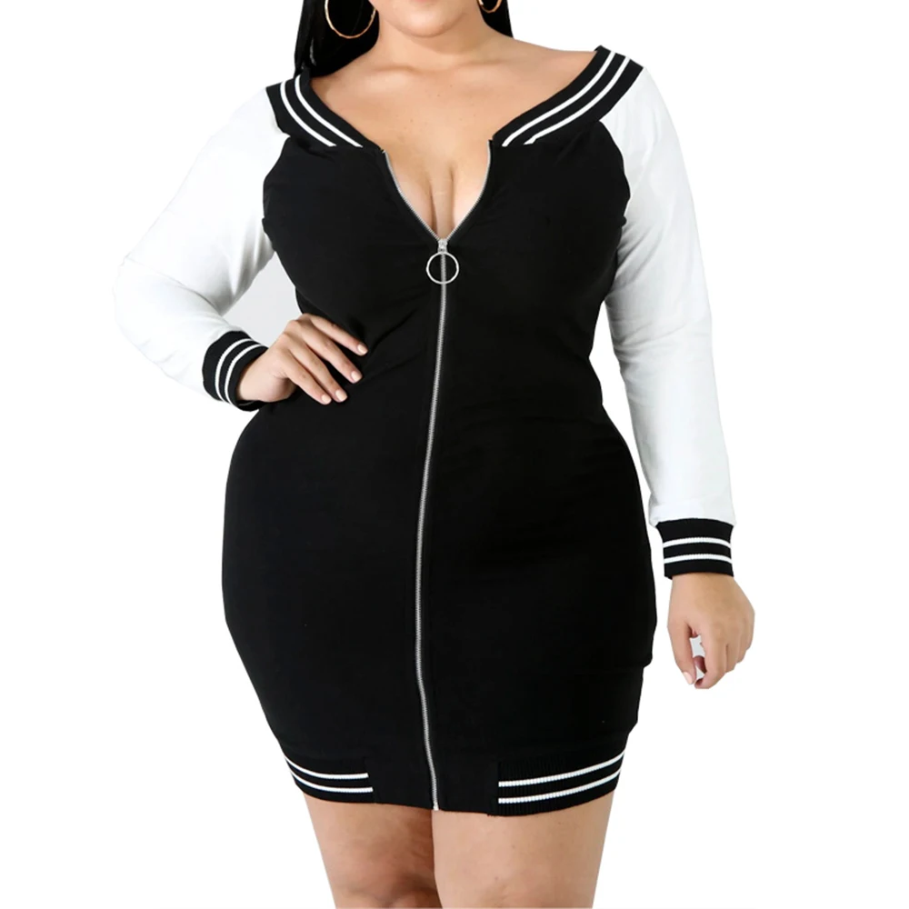 Black and White 5XL размера плюс облегающее платье сексуальное платье с глубоким v-образным вырезом на молнии женское мини-платье в полоску с длинным рукавом элегантное облегающее Клубное платье vestido D30 - Цвет: Black and White