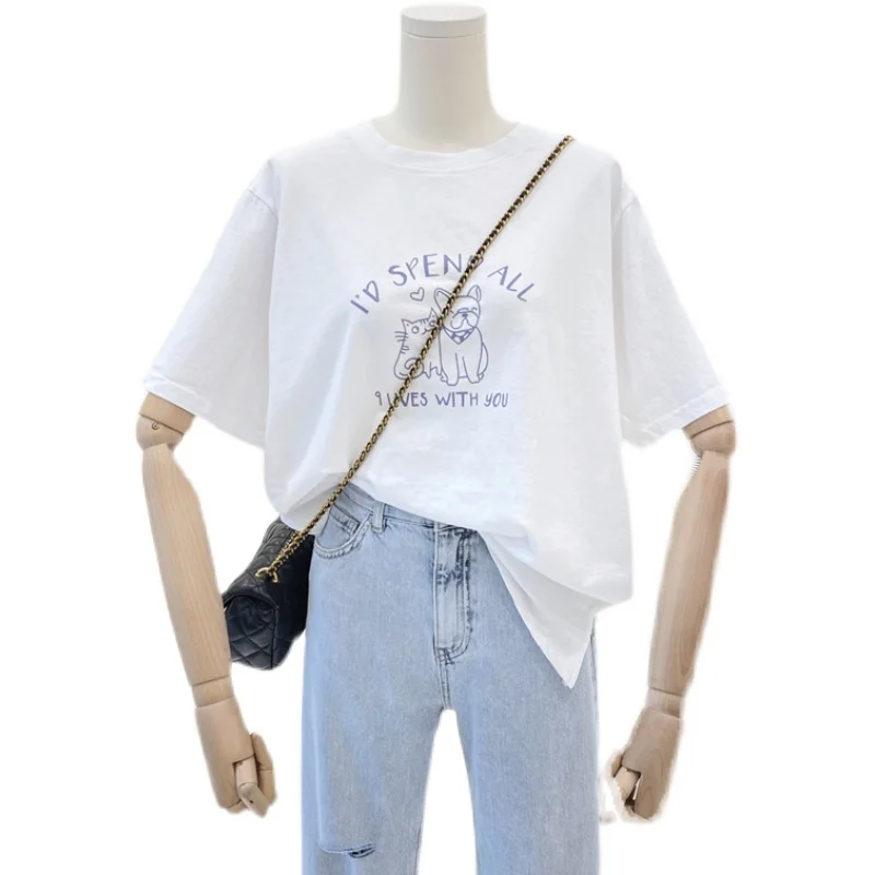 

Cartoon Printed Loose Shit Shirt for Women Round Neck White Short Sleeved T Shirt Female Casual Cotton Korean Loose T Shirt
