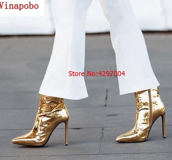 Женские зимние ботинки из лакированной кожи золотистые серебристые полусапожки