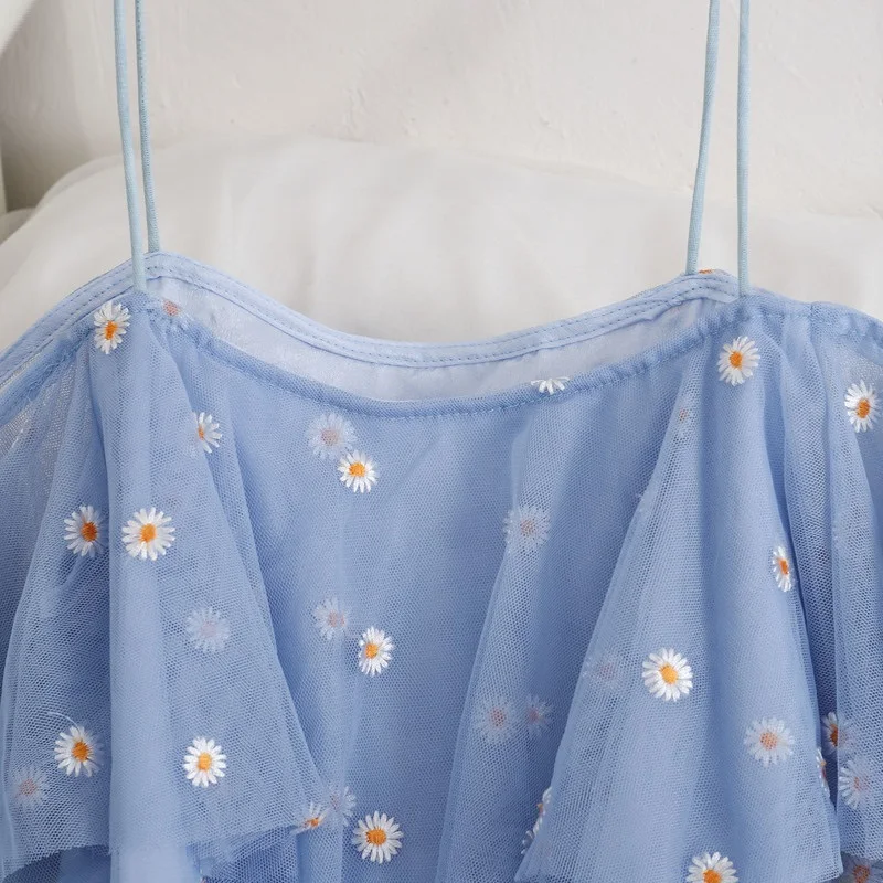 

Sweet Princess Dress 2021 Summer Women Clothes Guaze Elegant Robe Embroidery Floral Shoulder Sling Vestidos Sexy Party Dresses