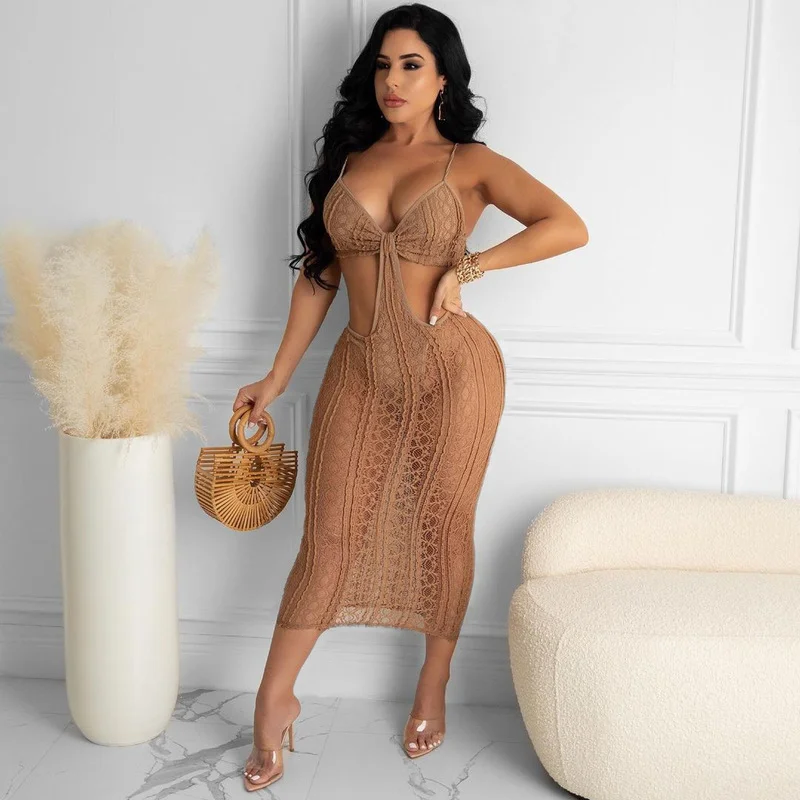 

Women Sexy See Through Sleeveless Spaghetti Strap Hollow Out Bodycon Maxi Dress