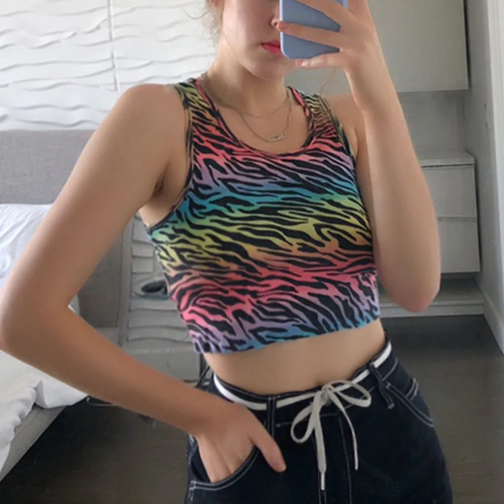 Майка без рукавов в стиле панк с принтом Зебра для девочек летний ребристый