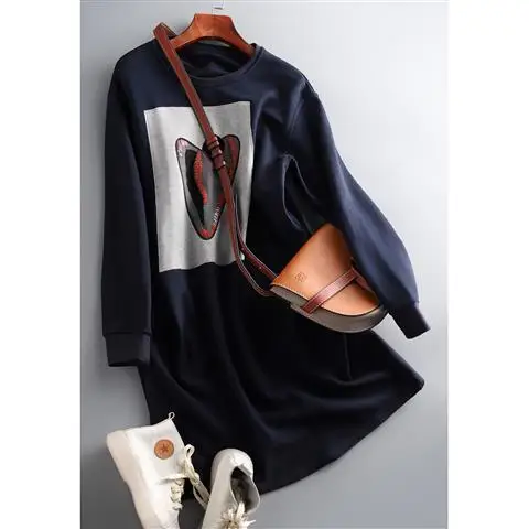

Fashion simple print dress 2021 spring and autumn new style style long sleeves show thin and versatile