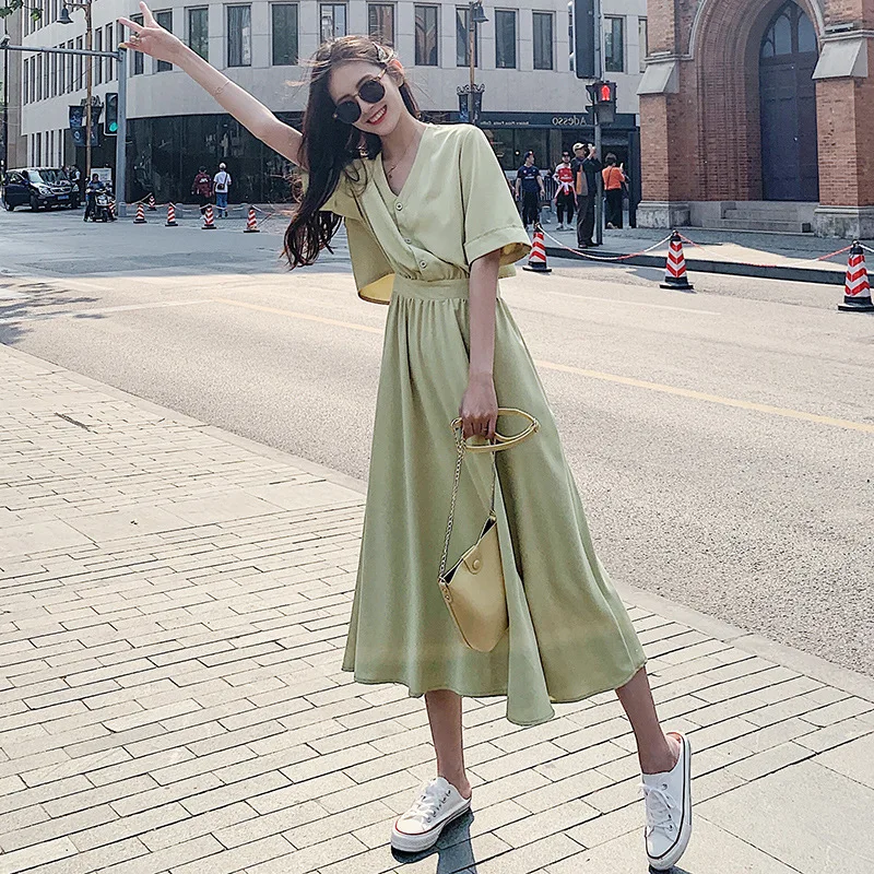 

NSMW MI 2021 платье для женщин новые летние корейские узкие Футболка с v-образным вырезом с короткими рукавами с рисунком и о-зеленый цвет модная ...