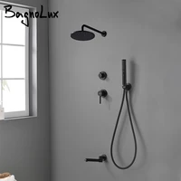 Bagnolux Brass Matte Black Wall Embed Mount 3-Function Concealed Shower System 10 Inch Top Rain Spray Bathroom Faucet