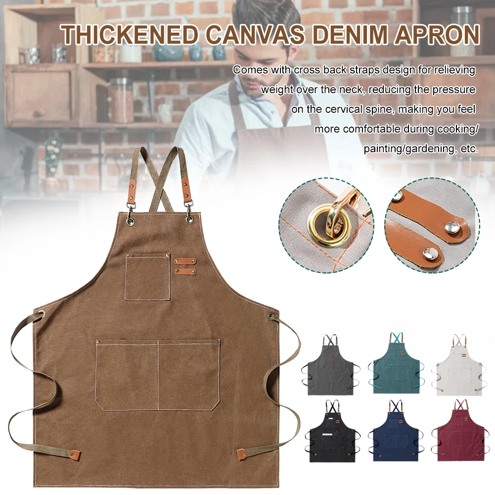 

Canvas Apron Chef Thickened Canvas Bib Leather Apron with Front Pockets Adjustable Cross Back Straps for Kitchen Cooking Cafes