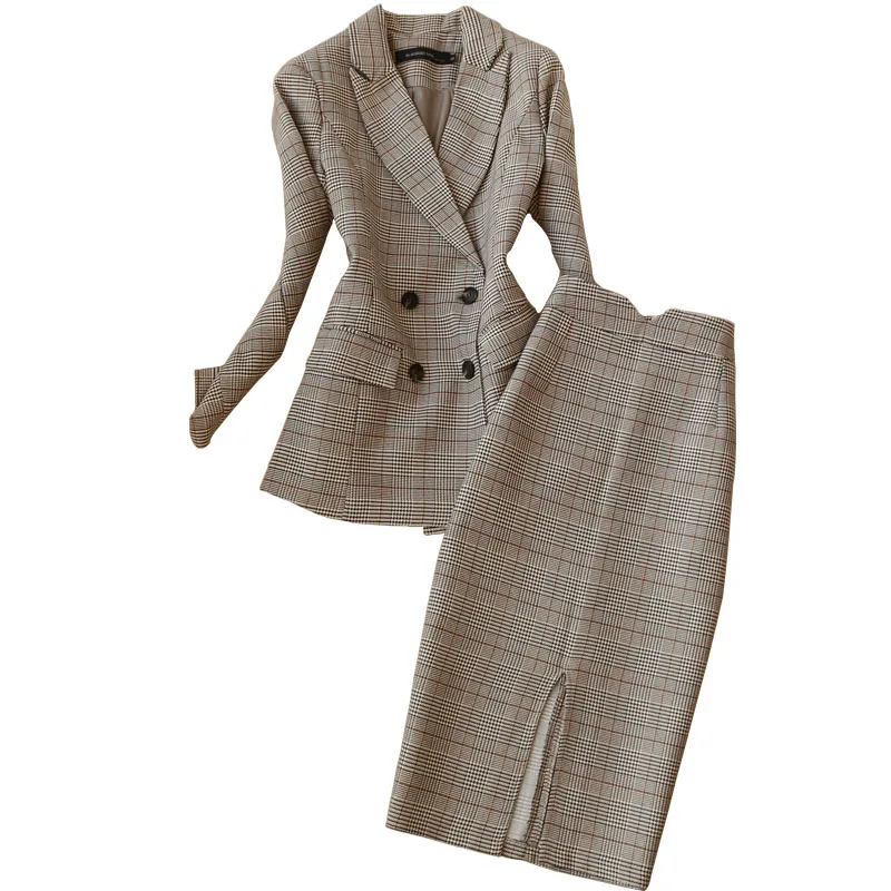 

two piece set skirt autumn and winter new fashion long-sleeved suit plaid temperament suit skirt office ladies two-piece set