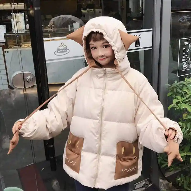 Милое пальто NiceMix с капюшоном и кошачьими ушками для девочек короткое хлопковое