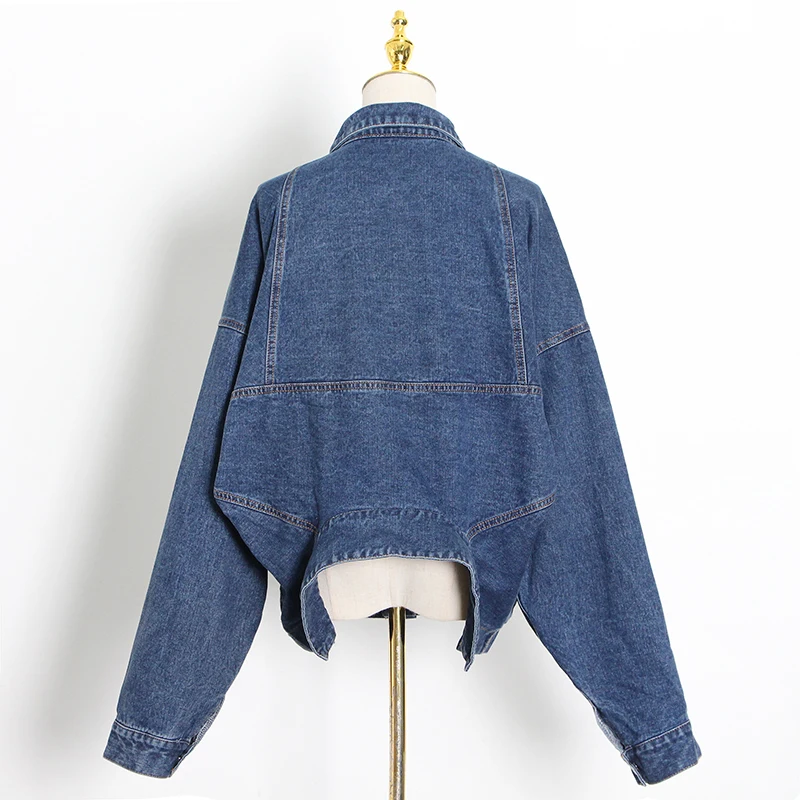 

CHICEVER Casual Denim Jacket For Women Lapel Long Sleeve Irregular Hem Blue Korean Loose Coats Female 2021 Spring Clothing Style