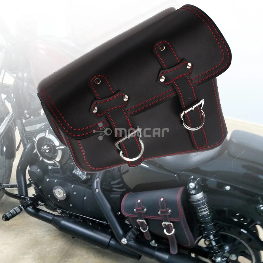 for Harley Sportster XL 883 1pcs New Black PU Leather Red Line Motorcycle Luggage Side Saddle Bags Rider Motorbike Panniers