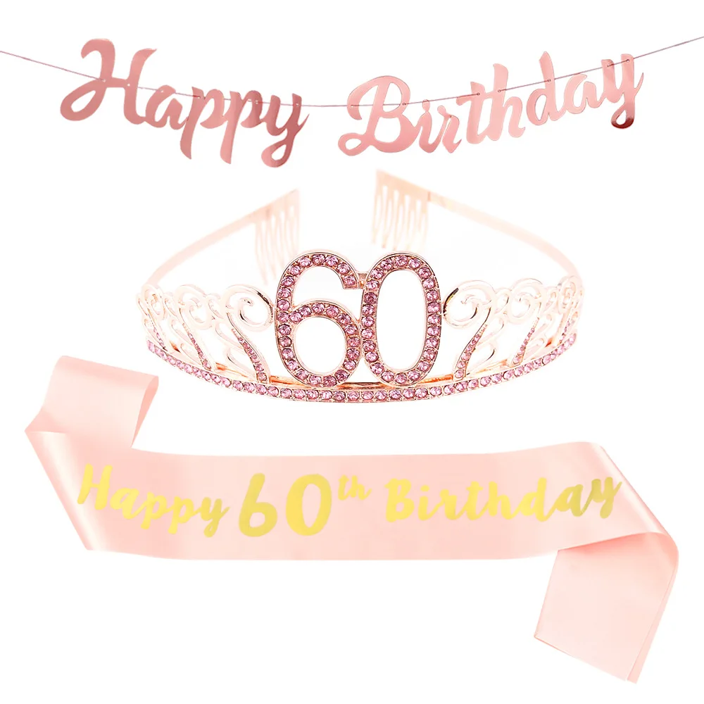 

Bling Crystal Crown Rose gold suit Birthday Anniversary Decoration Happy 18 21 30 40 50th Satin Birthday Party Party Supplies