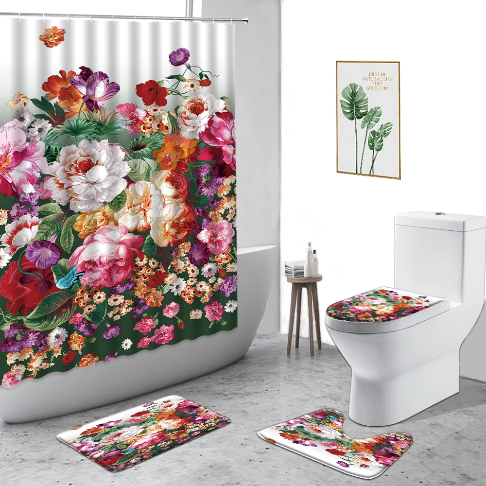 

Color Plants Flowers Shower Curtain Red Rose Bathroom Set Non-Slip Carpet Fabric Waterproof Bath Curtains With Hook Toilet Cover