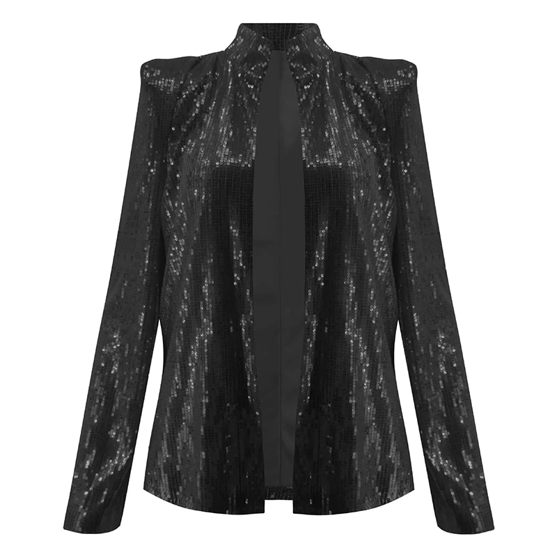 2XL блестящая женская куртка с блестками и длинным рукавом, модное пальто со стоячим воротником, Осень-зима, Женская Блестящая однотонная верхняя одежда, топы