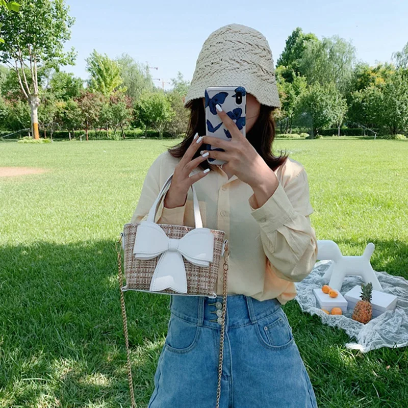 

Fashion Bow Plaid Handbag Women's Shoulder Bag Wild Woven Chain Shoulder Messenger Bag