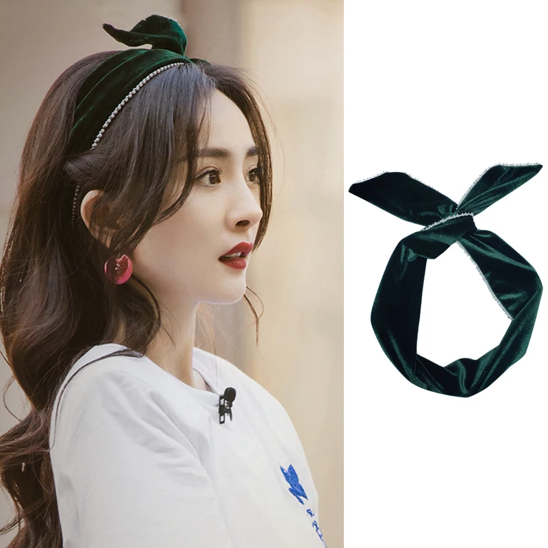 

MENGJIQIAO Fashion Bunny Ears Headbands Velvet Wire Wrap Hair Band Women Pearl Beads Cross Bow Scrunchies Hair Accessories Ties