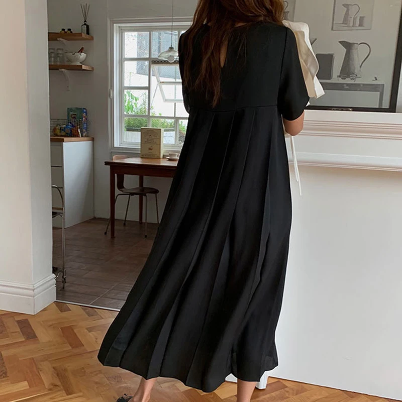 

GALCAUR Black Casual Dress For Women Lapel Collar Short Sleeve High Waist Midi Solid Pleated Dresses Female Summer Clothing 2021