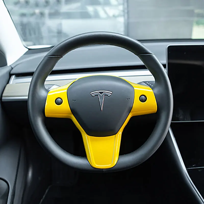 Yellow Для Tesla модель 3 Интегрированный руль стежка на обёрточная бумага крышка отделка наклейка 4 цвета - Название цвета: Yellow
