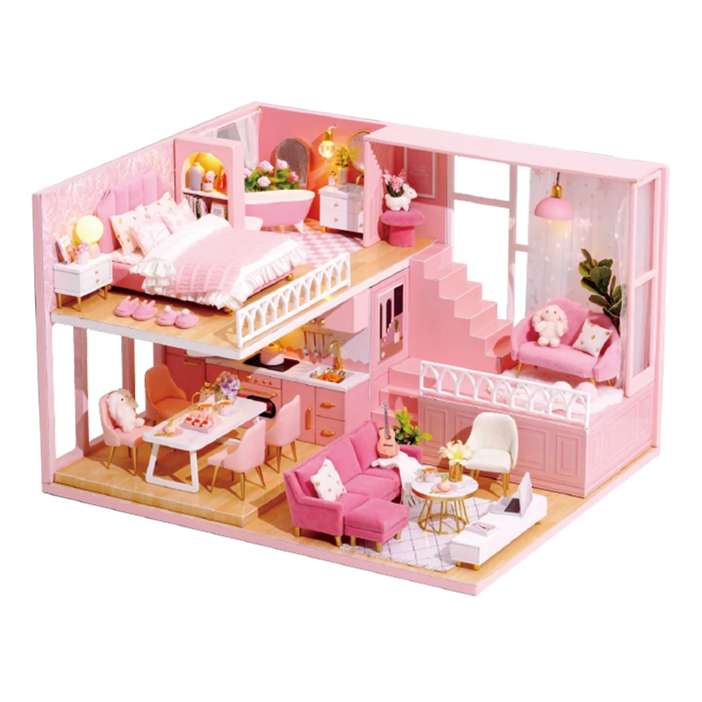 

1 Set 1/24 Dollhouse Pink Assembly 3D Kit Miniature Furniture Night Lights
