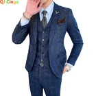 Синий клетчатый костюм (3 шт.), деловойСвадебный мужской костюм, стильная тонкая версия смокинга, пиджак с брюками, жилет, искусственная кожа