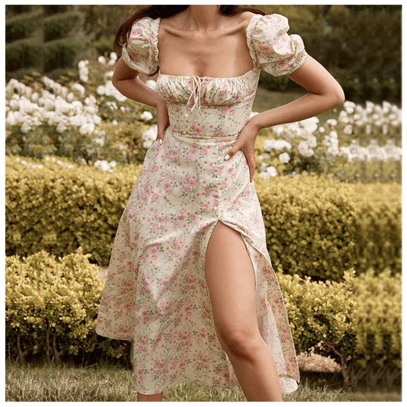 Robe en dentelle à imprimé Floral pour femmes, manches bouffantes, col carré, Chic, Maxi, fendue, Sexy, robes de soirée, Club, été, 2021