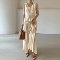 elegant vintage luxury runway summer a line dress for women party high waist sleeveless 2021 slim solid apricot
